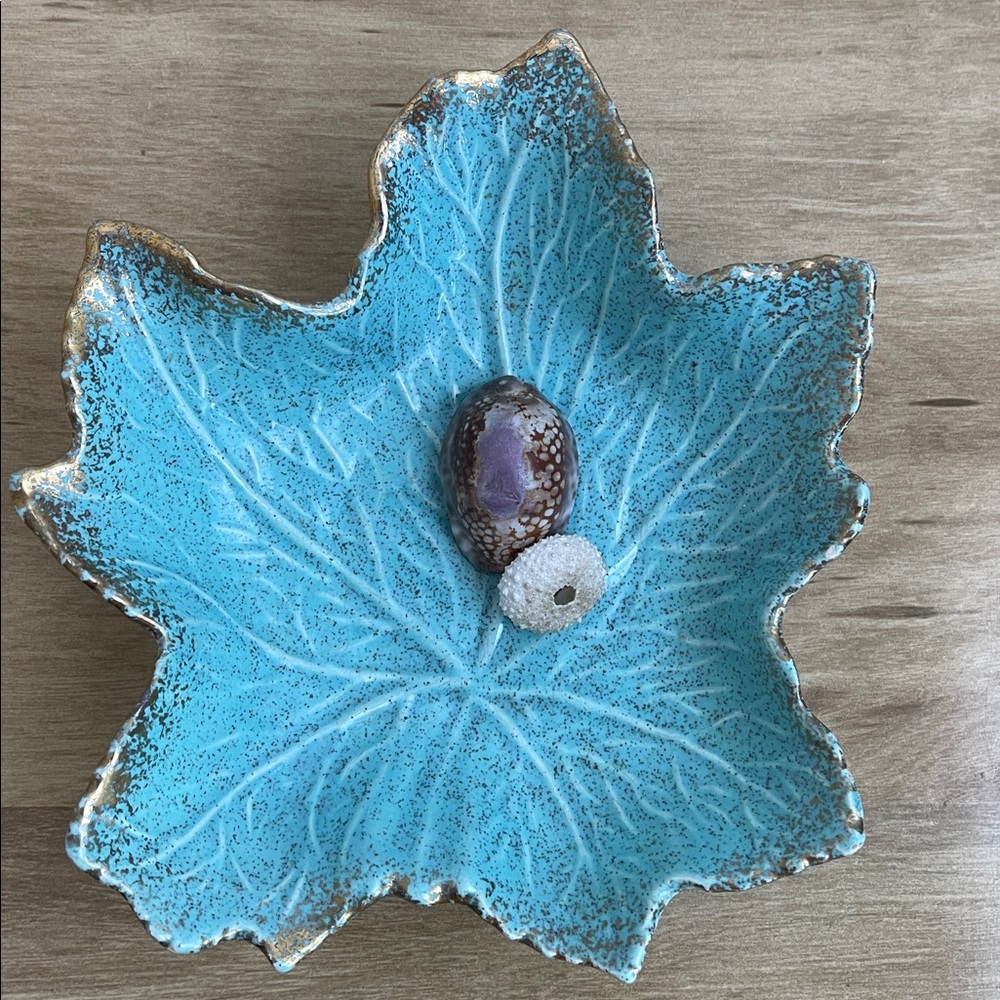 MCM California Pottery Leaf-Shaped Decorative Bowl in Turquoise with Gold Rim